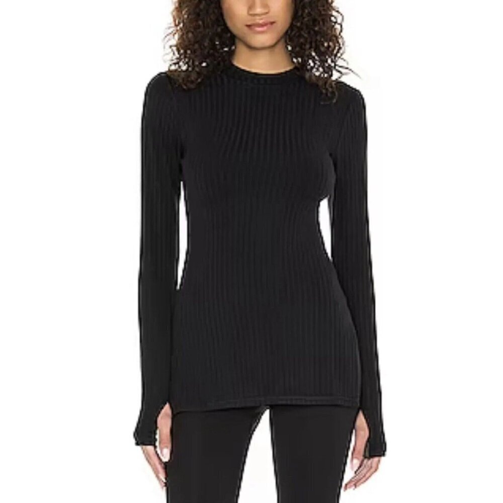 Free People Black Ribbed Long Sleeve Top